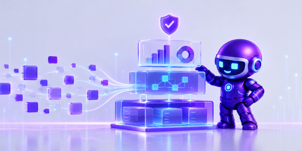 JP beside connected data layers, validated analytics, and a shield representing trusted publisher AI